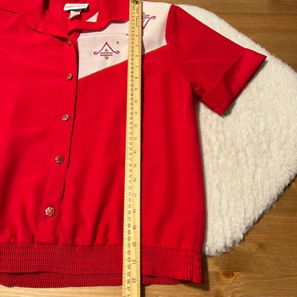 VTG ERIN LONDON Red Button Up Ribbed Hem Short Sleeve Top Size Sm P - Picture 9 of 11